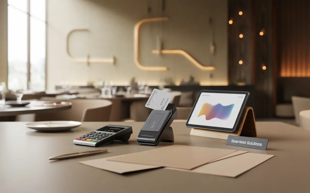 Chef et expert-comptable collaborant sur une table de restaurant moderne, calculatrice, terminal de paiement et stylo nets, tablette aux graphiques floutés; coût expert comptable restaurant.