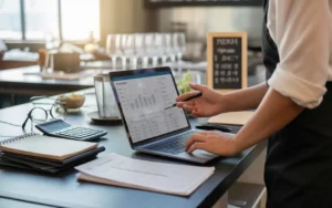 Back-office d’un restaurant: mains d’un gérant sur ordinateur avec tableau de bord RH; bulletins de paie, calculatrice, tickets et tablier; déclarations sociales restauration, obligations et DSN 2025.