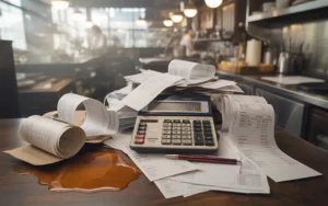 Erreurs comptables fréquentes restaurant: bureau arrière-boutique encombré, calculatrice à écran vierge centrée, reçus froissés, rouleau de tickets, stylo rouge, tasse renversée; cuisine floue derrière.