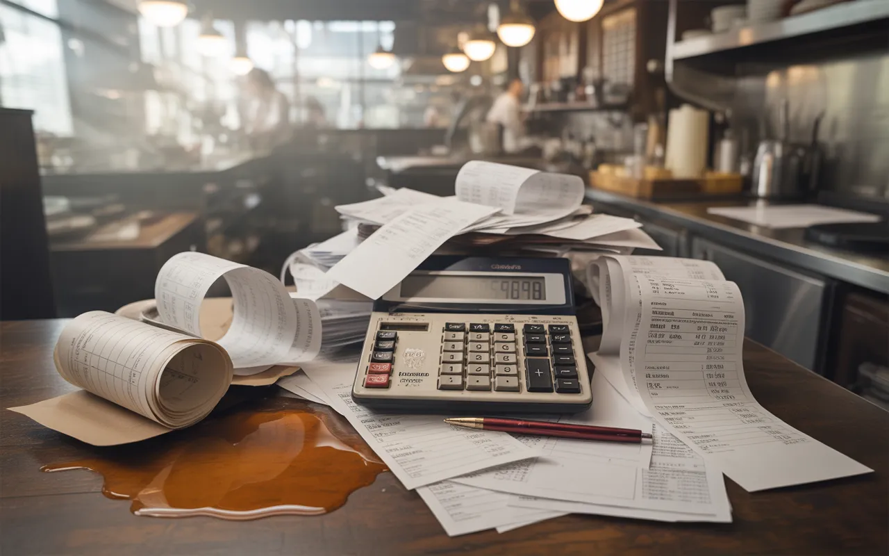 Erreurs comptables fréquentes restaurant: bureau arrière-boutique encombré, calculatrice à écran vierge centrée, reçus froissés, rouleau de tickets, stylo rouge, tasse renversée; cuisine floue derrière.