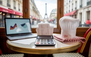 Table de bistrot parisien en bois miel: calculatrice et reçus nets, ordinateur portable flou, toque de chef et café; ambiance pro de comptabilité en restauration à Paris, expert comptable restauration paris.