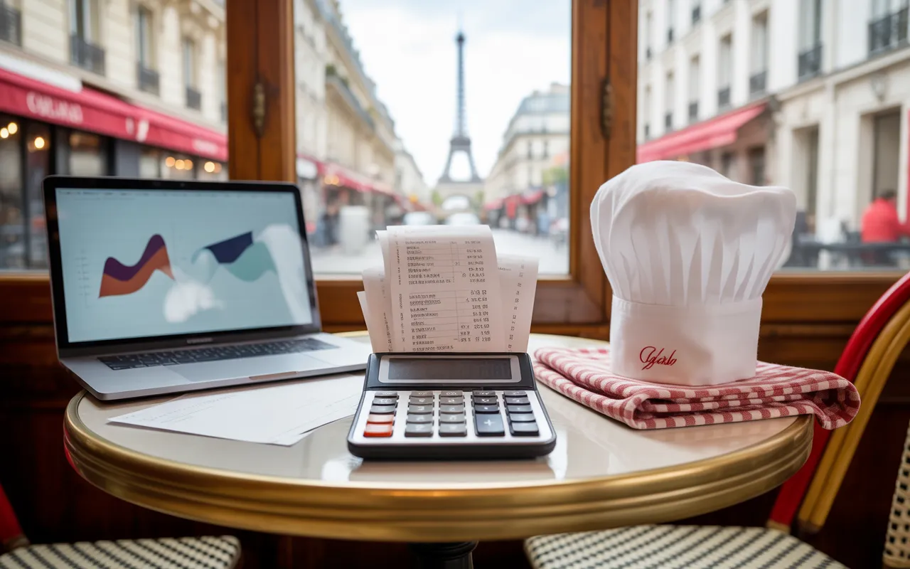 Table de bistrot parisien en bois miel: calculatrice et reçus nets, ordinateur portable flou, toque de chef et café; ambiance pro de comptabilité en restauration à Paris, expert comptable restauration paris.