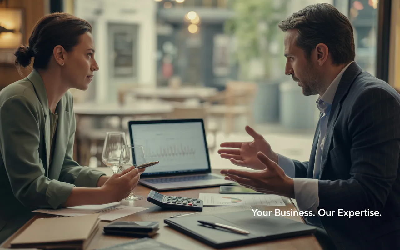 Dans un bistrot moderne, un restaurateur en tablier échange avec un expert comptable restauration en blazer anthracite. Sur la table en bois: laptop aux graphiques abstraits, calculatrice, dossier, reçu et stylo, lumière naturelle, arrière-plan flou.