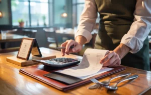Gros plan des mains d’un expert comptable restauration utilisant une calculatrice éteinte sur une table en bois de restaurant, avec carnet, reçus vierges, porte-addition, stylo et tablier de chef; lumière naturelle chaude, brasserie en arrière-plan flou.