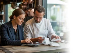 Expert comptable restauration conseillant un chef, mains sur calculatrice et stylo, reçus et ordinateur ouverts sur table en bois dans un restaurant contemporain