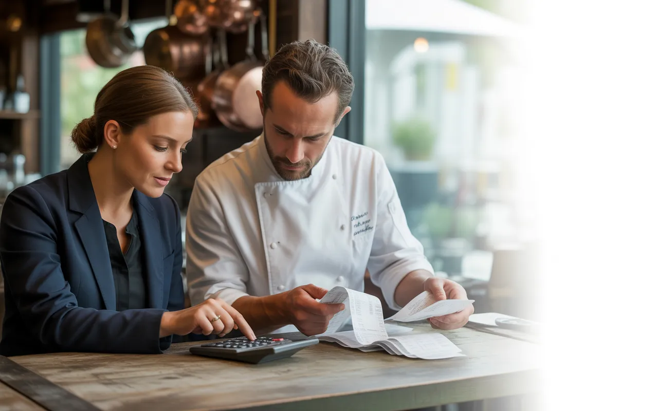 Expert comptable restauration conseillant un chef, mains sur calculatrice et stylo, reçus et ordinateur ouverts sur table en bois dans un restaurant contemporain