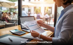 expert comptable restauration triant des fiches de paie HCR et feuilles de pointage sur bureau en bois clair, calculatrice éteinte et laptop; en bokeh, brasserie lumineuse, passe inox et personnel saisonnier en service