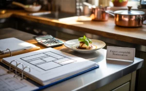 Expert comptable restauration au travail sur création et business plan: plan de travail 3/4 avec ordinateur (graphiques flous), calculatrice, classeur (plan de restaurant), reçus/bobine de tickets, stylo, assiette gastro et herbes; cuisine pro en bokeh, lumière chaude.