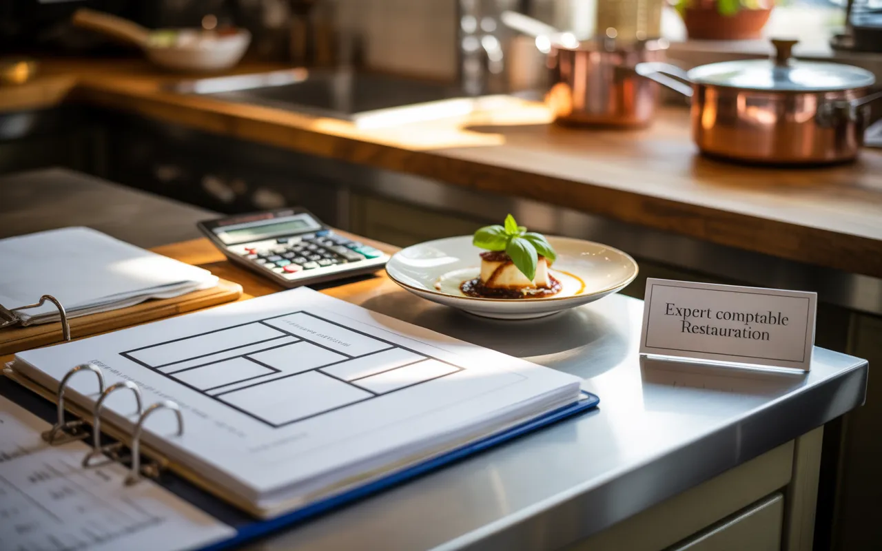 Expert comptable restauration au travail sur création et business plan: plan de travail 3/4 avec ordinateur (graphiques flous), calculatrice, classeur (plan de restaurant), reçus/bobine de tickets, stylo, assiette gastro et herbes; cuisine pro en bokeh, lumière chaude.