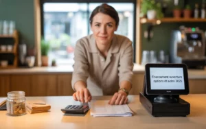 Financement ouverture restaurant: propriétaire de petit restaurant contemporain derrière un comptoir en bois, utilisant une calculatrice; laptop, terminal de paiement, carte bancaire et bocal de pièces au premier plan, arrière-plan flou.