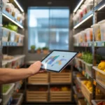 Gestion des stocks restaurant dans une réserve moderne: étagères inox, bacs transparents d’ingrédients, bras de chef tenant une tablette et un scanner, cuisine pro floutée au fond.