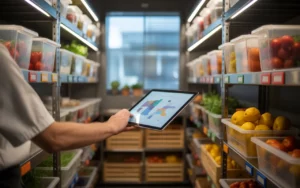 Gestion des stocks restaurant dans une réserve moderne: étagères inox, bacs transparents d’ingrédients, bras de chef tenant une tablette et un scanner, cuisine pro floutée au fond.