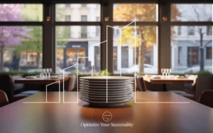 gestion saisonnalité chiffre d’affaires restaurant : piles d’assiettes blanches en barres sur table en bois d’un restaurant contemporain, fenêtre à quatre carreaux illustrant printemps, été, automne et hiver, lumière naturelle, bokeh doux.