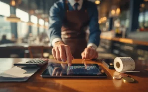 Gestion trésorerie restaurant: mains d’un gestionnaire utilisant une tablette aux graphiques abstraits, sur comptoir en bois avec calculatrice, rouleau de reçus, bocal à pièces et terminal; restaurant contemporain flou.