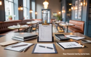 Obligations comptables restaurant: espace de travail d’un restaurateur avec presse-papiers à cases, calculatrice éteinte, tablette aux graphiques flous sans texte, stylo et trombones sur table en bois, lumière naturelle, arrière-plan de bistrot moderne, espace négatif à droite.