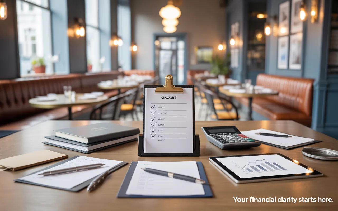 Obligations comptables restaurant: espace de travail d’un restaurateur avec presse-papiers à cases, calculatrice éteinte, tablette aux graphiques flous sans texte, stylo et trombones sur table en bois, lumière naturelle, arrière-plan de bistrot moderne, espace négatif à droite.