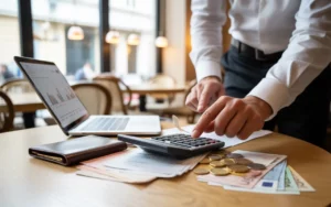 optimisation fiscale restaurant – gérant en chemise utilisant une calculatrice sur table en bois, ordinateur portable aux graphiques colorés, reçus floutés, pièces et billets en euros, lumière naturelle chaleureuse, bistrot chic flou en arrière-plan