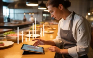 Optimiser marge brute restaurant: cheffe en cuisine ouverte analysant ses coûts sur tablette, plan de travail en bois avec assiettes et ingrédients en barres abstraites, salle floutée.