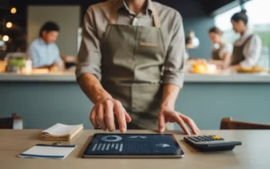 Mains d’un manager de restaurant utilisant une tablette pour la paie et gestion du personnel en restauration; tickets, badge et calculatrice sur table en bois, arrière-plan de restaurant contemporain flou et chaleureux.