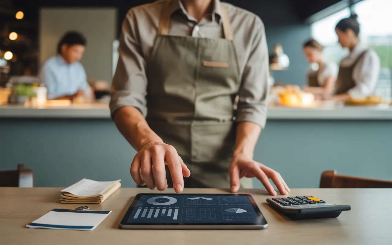 Mains d’un manager de restaurant utilisant une tablette pour la paie et gestion du personnel en restauration; tickets, badge et calculatrice sur table en bois, arrière-plan de restaurant contemporain flou et chaleureux.