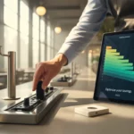 Réduire charges fixes restaurant: gérant dans un restaurant moderne, main droite éteignant un rail de LED via interrupteur intelligent, main gauche tenant une tablette au graphique abstrait descendant; focus mains, bokeh, lumière du matin.