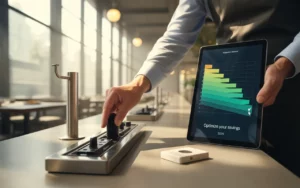 Réduire charges fixes restaurant: gérant dans un restaurant moderne, main droite éteignant un rail de LED via interrupteur intelligent, main gauche tenant une tablette au graphique abstrait descendant; focus mains, bokeh, lumière du matin.
