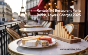 rentabilité restaurant paris: assiette camembert de fromages et charcuterie en graphique, gressins en histogramme, table de bistrot, bokeh haussmannien doré au couchant.