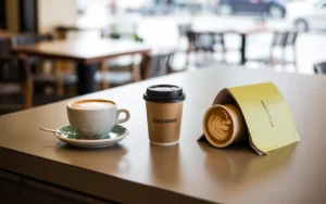 tva café - trois formats de café sur comptoir en bois: tasse en céramique avec latte art et vapeur (en salle), gobelet carton couvercle noir avec condensation (à emporter), gobelet dans sac isotherme vert (livraison)