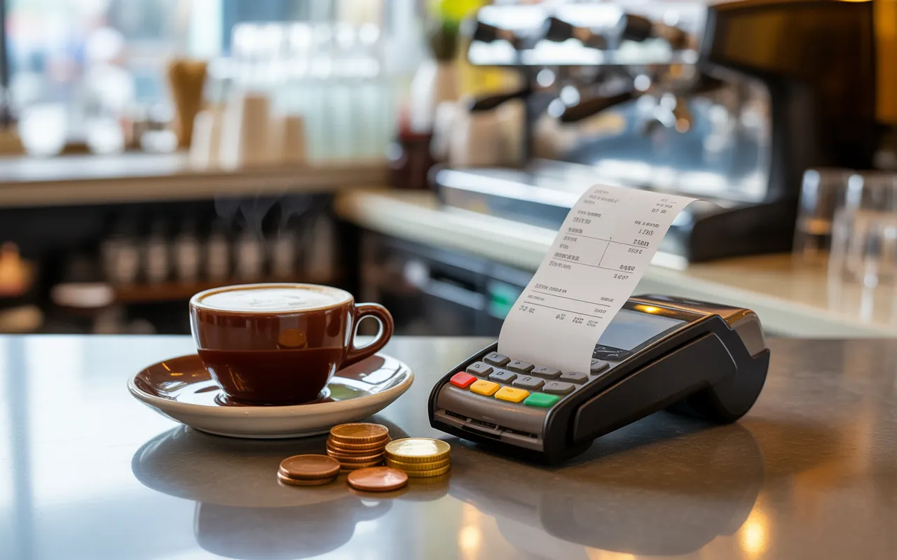 tva café au bar-restaurant: café crème sur comptoir en bois, pièces en euros, ticket de caisse flou et terminal de paiement, ambiance chaleureuse.