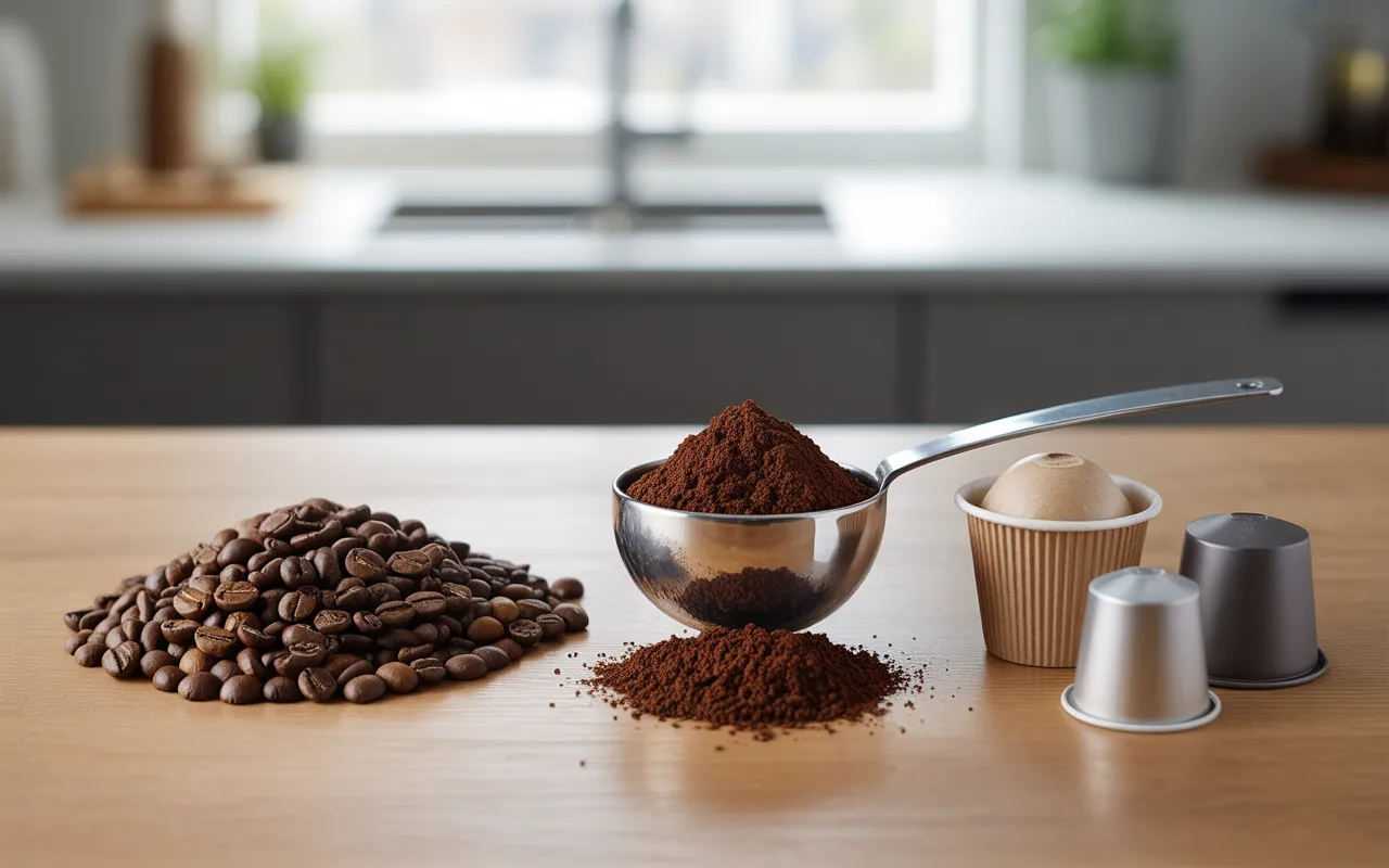 tva café: comparatif grains arabica, moulu en coupelle avec cuillère, dosettes papier et capsules alu alignés sur table en bois, lumière douce.
