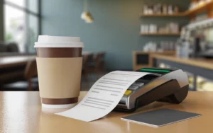 tva café à emporter: gobelet avec couvercle blanc et manchon kraft sur comptoir clair; ticket thermique enroulé; terminal de paiement et écran de caisse flous, carte bancaire; gros plan, lumière naturelle, bokeh.
