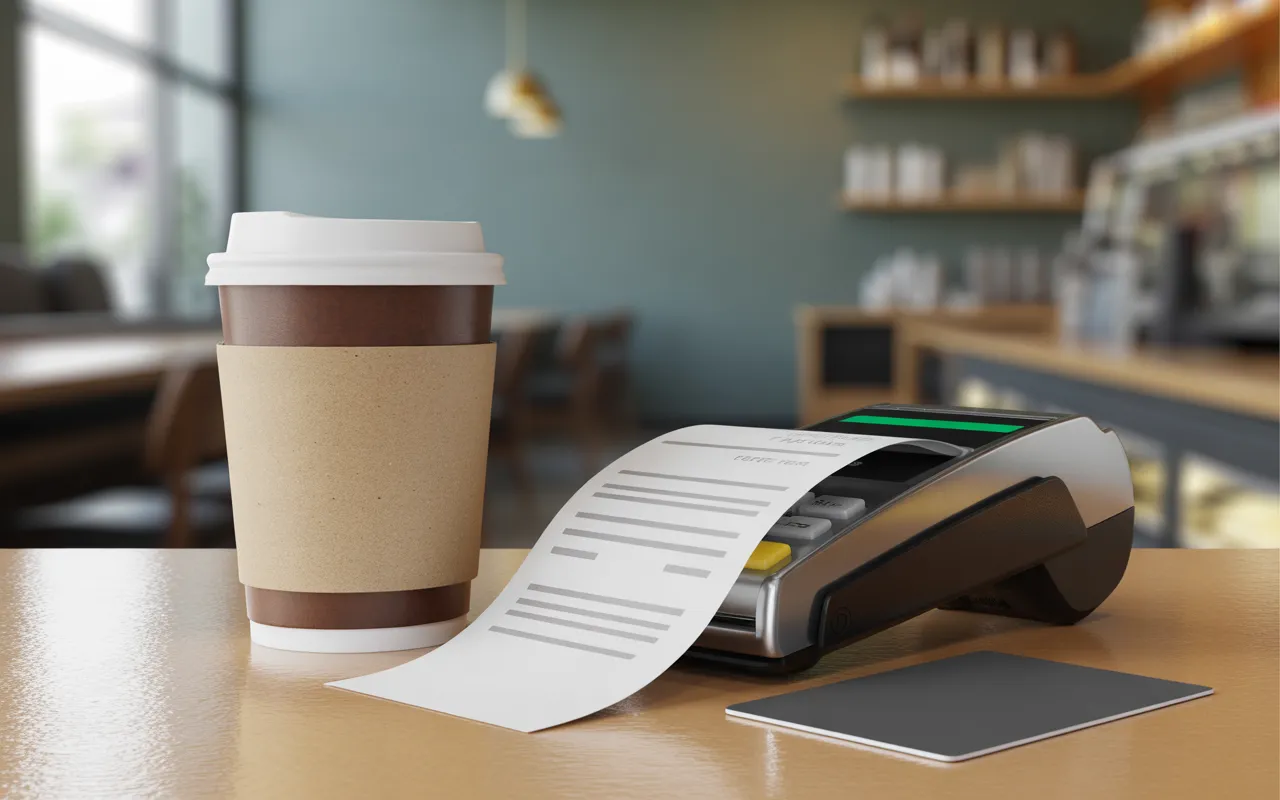 tva café à emporter: gobelet avec couvercle blanc et manchon kraft sur comptoir clair; ticket thermique enroulé; terminal de paiement et écran de caisse flous, carte bancaire; gros plan, lumière naturelle, bokeh.