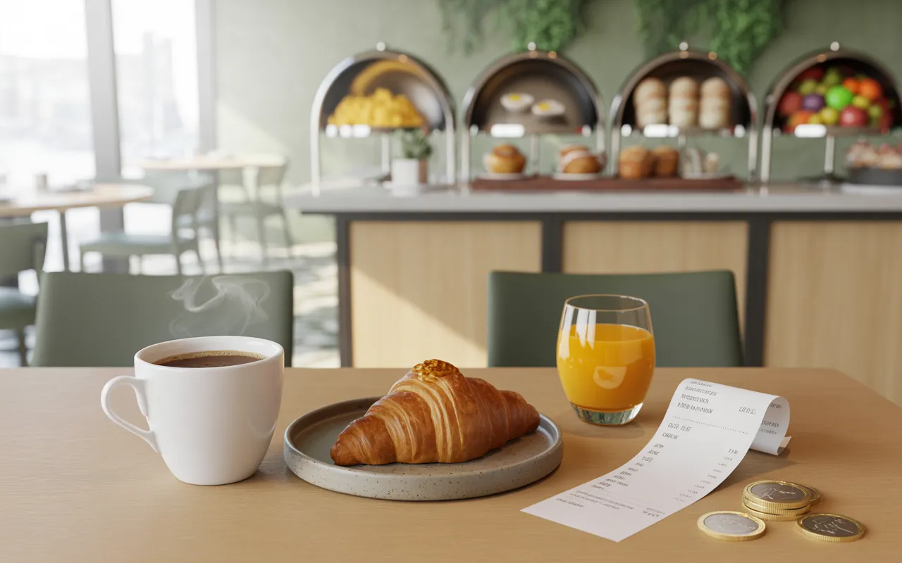 Buffet petit déjeuner dans un café moderne (2025) : tasse de café fumant, croissant doré, jus d’orange, reçu vierge et pièces sur table en bois; buffet inox flou au fond, lumière matinale douce — tva café.