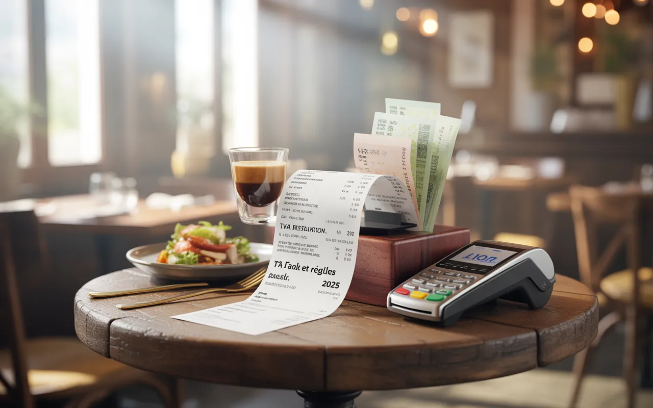 Table de bistrot français: reçu sur porte-addition avec euros, terminal de paiement et calculatrice, salade composée et espresso; scène illustrant la tva en restauration, lumière douce.