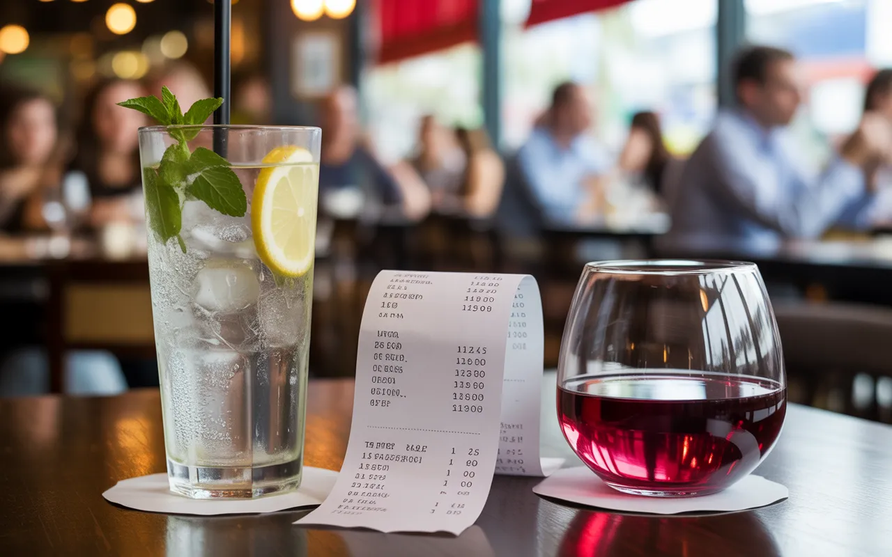 Contraste boissons non alcoolisées et alcoolisées: limonade glacée à la menthe vs verre de vin rouge, ticket, euros et calculatrice évoquant la tva en restauration.
