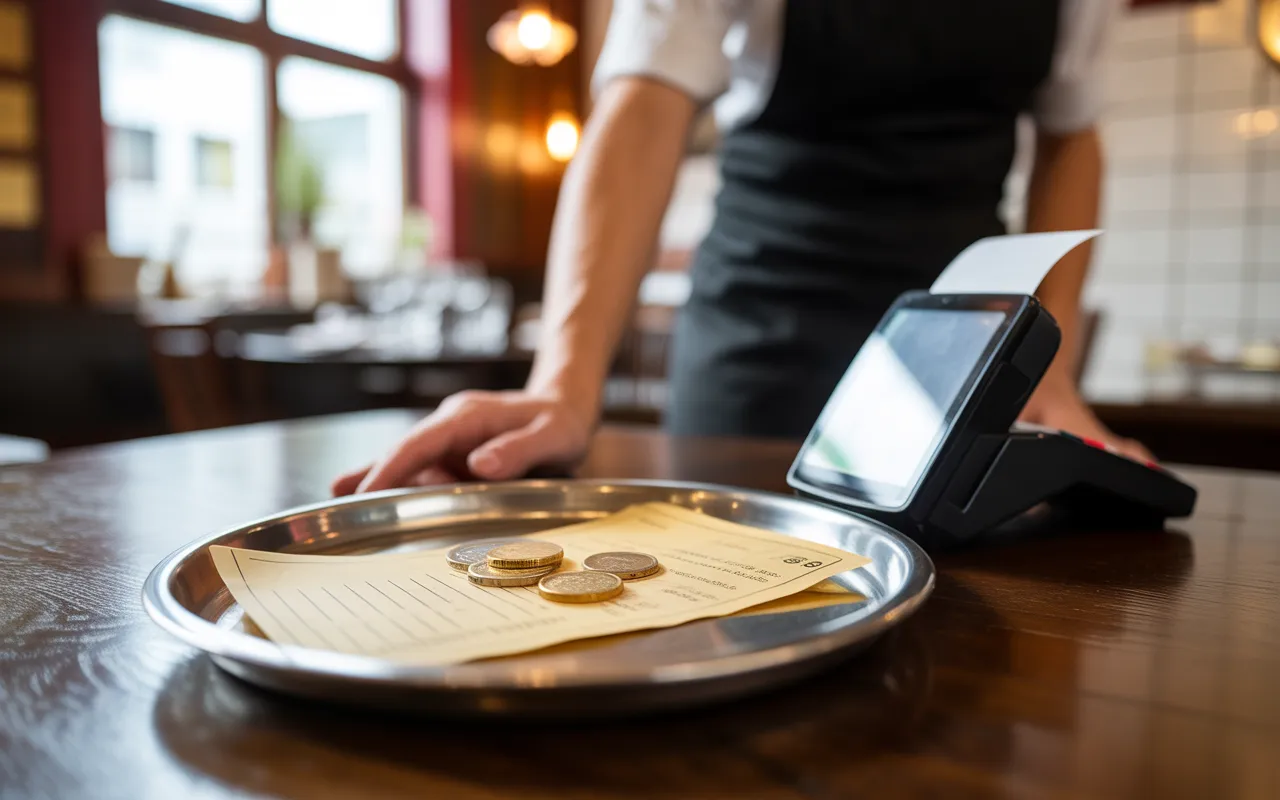 Paiement au restaurant: plateau d’addition en métal sur table en bois, reçu flouté, pièces en euros et carte dans terminal, main de serveur; ambiance bistrot, tva en restauration.
