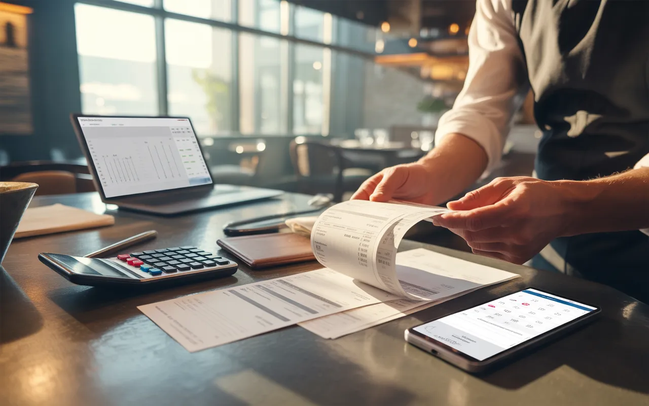Comptoir de restaurant moderne: restaurateur triant tickets et factures avec calculatrice, laptop et smartphone, gestion de la tva en restauration.