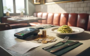 Scène de table d’un bistrot européen: pièces et billets en euros au centre, assiette de pâtes aux herbes et couverts à droite, terminal et calculatrice éteints à gauche; tva restauration taux réduit 2025