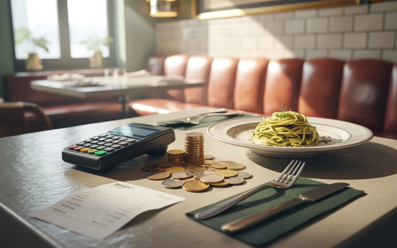 Scène de table d’un bistrot européen: pièces et billets en euros au centre, assiette de pâtes aux herbes et couverts à droite, terminal et calculatrice éteints à gauche; tva restauration taux réduit 2025