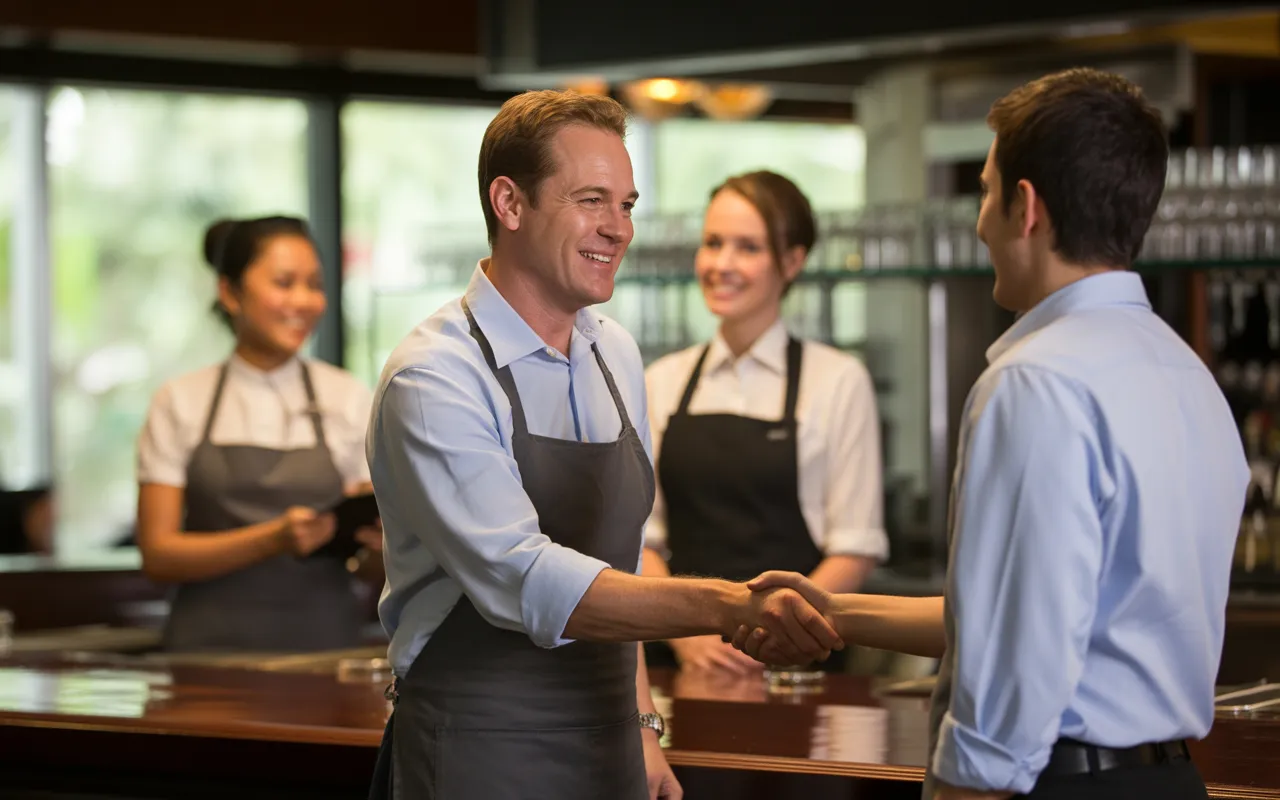 Recruter et fidéliser son personnel en restauration: manager serrant la main d’un nouveau collaborateur, équipe diverse soudée en arrière-plan, restaurant contemporain chaleureux, 2025.