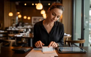 Comment optimiser sa fiscalité en tant que restaurateur: restaurateur au bureau, vue 3/4 en légère plongée, triant des reçus avec calculatrice et ordinateur; pièces empilées, graphiques colorés flous, lumière chaude, arrière-plan de salle flou.
