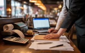 Comment préparer un contrôle fiscal dans la restauration: back-office de restaurant, mains sur calculatrice, rouleau de tickets, laptop flou, tiroir-caisse entrouvert et terminal de paiement.