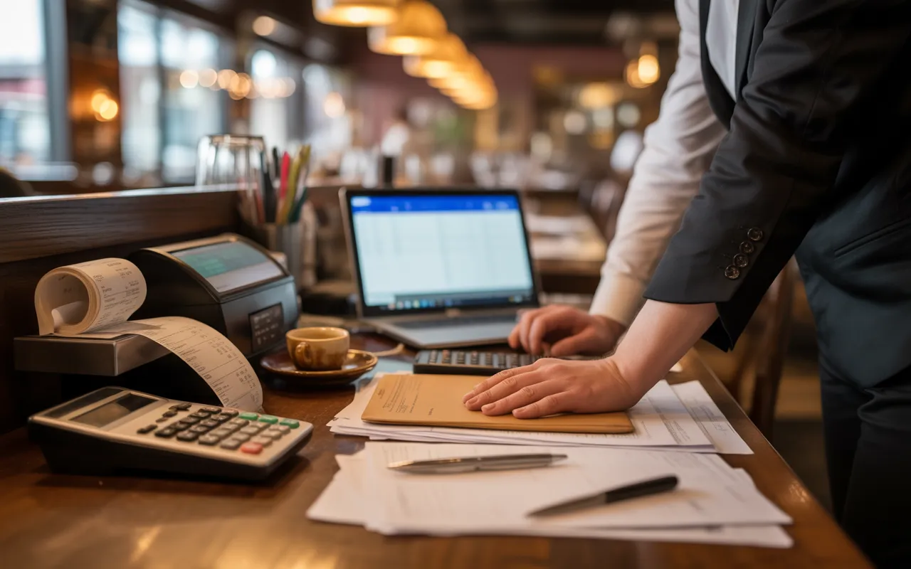 Comment préparer un contrôle fiscal dans la restauration: back-office de restaurant, mains sur calculatrice, rouleau de tickets, laptop flou, tiroir-caisse entrouvert et terminal de paiement.
