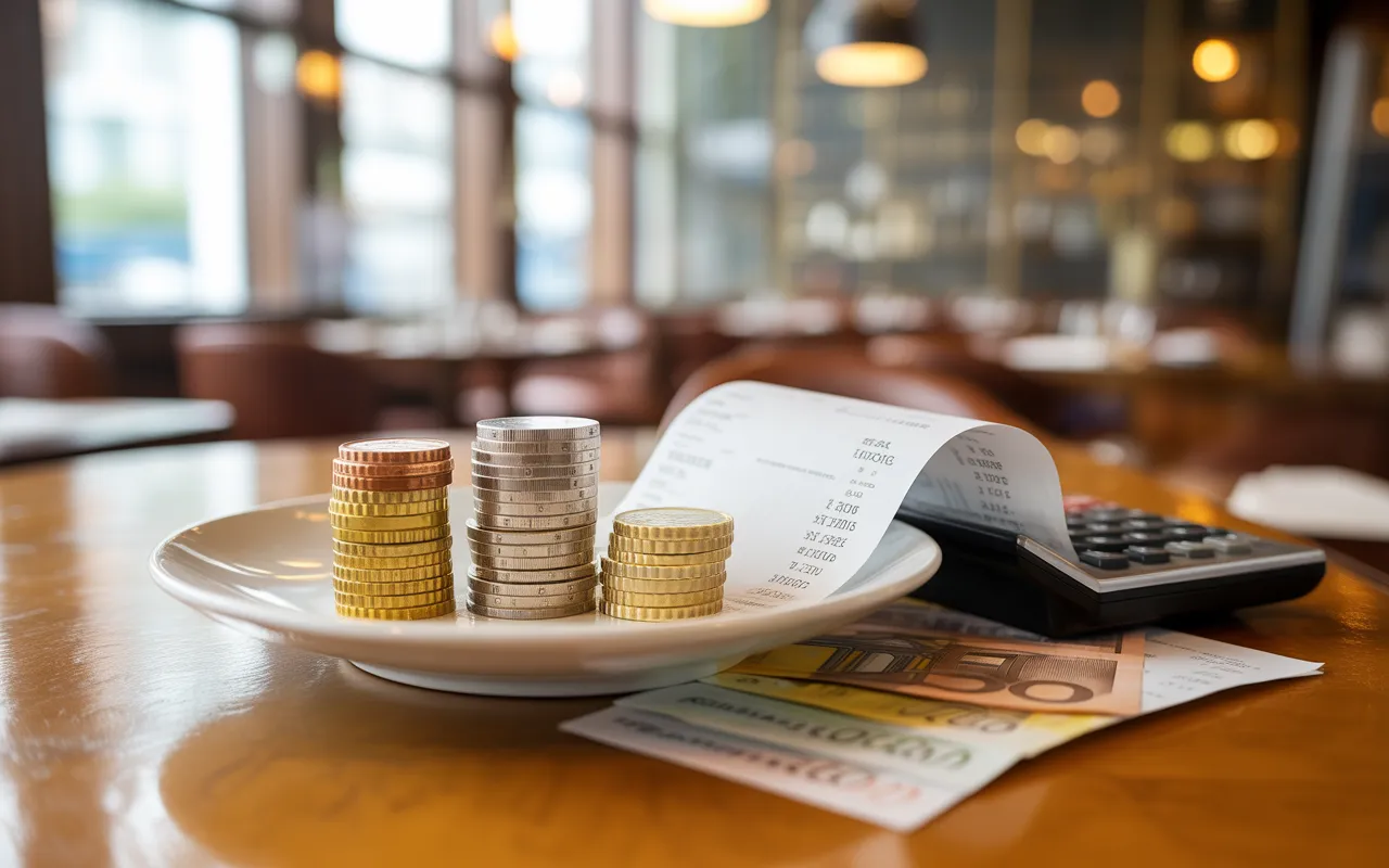 TVA restauration : taux visualisés par trois piles de pièces en euros de hauteurs différentes sur table de bistrot français, reçu glissé sous assiette blanche et calculatrice éteinte, lumière chaude.