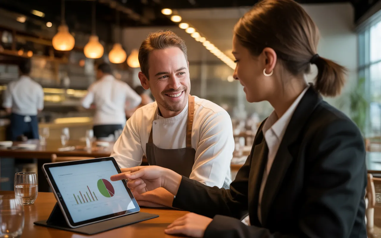 Pourquoi externaliser la paie de son restaurant: restaurateur en tablier et consultant paie souriants, tablette aux graphiques abstraits, calculatrice et fiches de paie sur la table, restaurant moderne flou en fond, 2025.