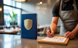 Quelles assurances sont obligatoires pour les restaurateurs ? Dossier bleu à bouclier et mains de chef signant une checklist; fond de bistro flou.
