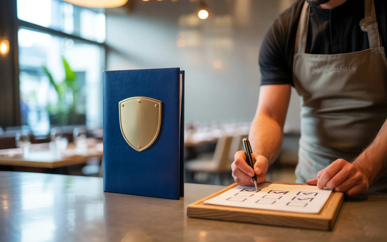 Quelles assurances sont obligatoires pour les restaurateurs ? Dossier bleu à bouclier et mains de chef signant une checklist; fond de bistro flou.