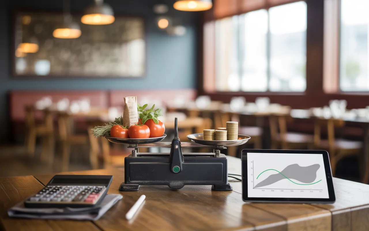 Comment calculer et suivre le seuil de rentabilité de son restaurant: balance de précision à l’équilibre sur table en bois, ingrédients à gauche, pièces à droite, calculatrice éteinte, tablette au graphique vert, bokeh de bistro moderne.