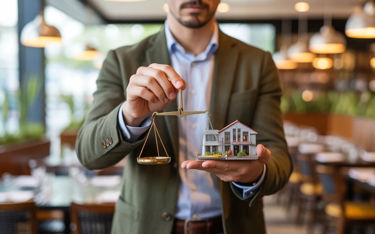 Comment choisir le bon statut juridique pour ouvrir son restaurant: entrepreneur smart-casual tenant une maquette de restaurant moderne et une mini balance de justice, intérieur de bistrot contemporain flou, focus sur les mains.