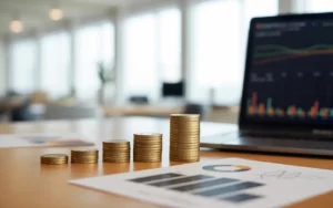 Gestion de la trésorerie : 5 indicateurs à suivre chaque mois — bureau moderne avec cinq piles de pièces dorées en progression, feuille avec tableau de bord graphique minimaliste, PC portable, bocal de pièces.